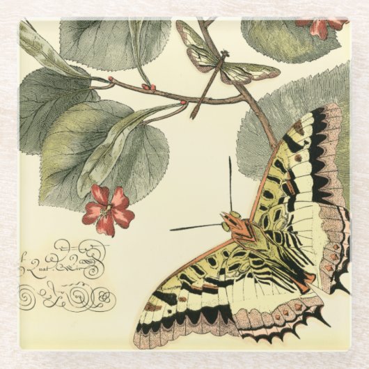 Boter en dragonfly met rode bloemen glazen onderzetter (Voorkant)