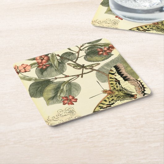 Boter en dragonfly met rode bloemen kartonnen onderzetters (Schuin)