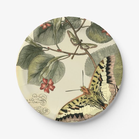 Boter en dragonfly met rode bloemen papieren bordje (Voorkant)