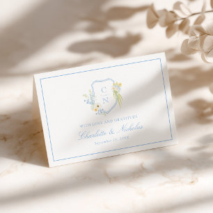 Boter Geel Blauw Bloemig Monogram Wapen Huwelijk Bedankkaart