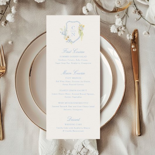 Boter Geel Blauw Bloemig Monogram Wapen Huwelijk Menu