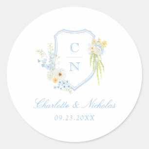 Boter Geel Blauw Bloemig Monogram Wapen Huwelijk Ronde Sticker