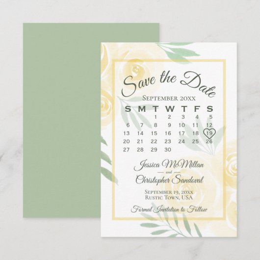 Boter Geel Boho Rozen Elegante Kalender Trouwdag Save The Date (Voorkant / Achterkant)