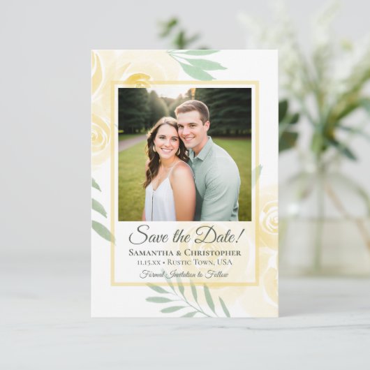 Boter Geel Boho Waterverfrozen Foto Bruiloft Save The Date (Staand voorkant)