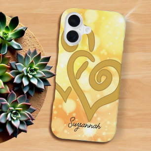 Boter Geel Bokeh Achtergrond Gouden Geketende Hart iPhone 16 Hoesje
