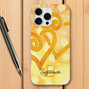 Boter Geel Bokeh Goud Geketende Hart Monogram iPhone 16 Pro Max Hoesje
