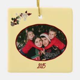 Boter Geel & Diep Rood Bloemen Foto Kerstmis Keramisch Ornament