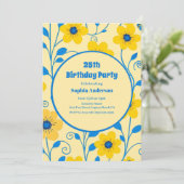 Boter Geel en Blauw Bloemen-Verjaardag Uitnodiging (Staand voorkant)
