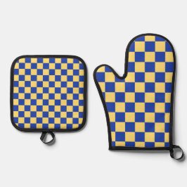 Boter geel en blauw geruit bordpatroon ovenwant & pannenlap set