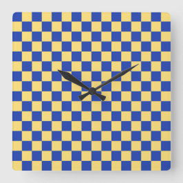 Boter geel en blauw geruit bordpatroon vierkante klok
