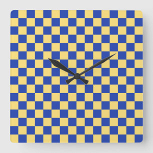 Boter geel en blauw geruit bordpatroon vierkante klok