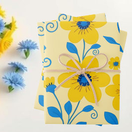 Boter Geel en Blauwe Bloemen Inpakpapier Vel