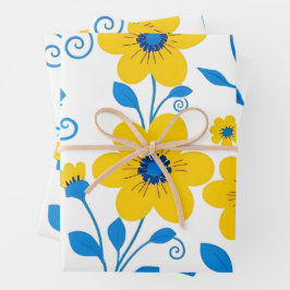 Boter Geel en Blauwe Bloemen Inpakpapier Vel
