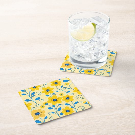 Boter Geel en Blauwe Bloemen Kartonnen Onderzetters (Insitu)