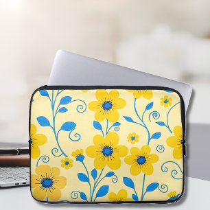 Boter Geel en Blauwe Bloemen Laptop Sleeve