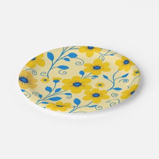 Boter Geel en Blauwe Bloemen Papieren Bordje (Gekanteld)