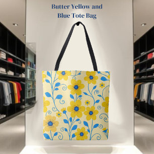 Boter Geel en Blauwe Bloemen Tote Bag