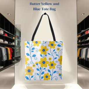 Boter Geel en Blauwe Bloemen Tote Bag