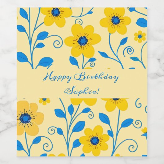 Boter Geel en Blauwe Bloemen Wijn Etiket (Enkel label)
