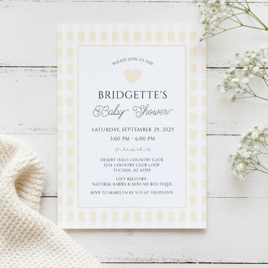 Boter Geel Geruite Baby Shower Chic Kaart