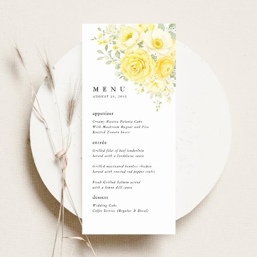 Boter Geel Ivoor Bloemige Trouwreceptie Menu