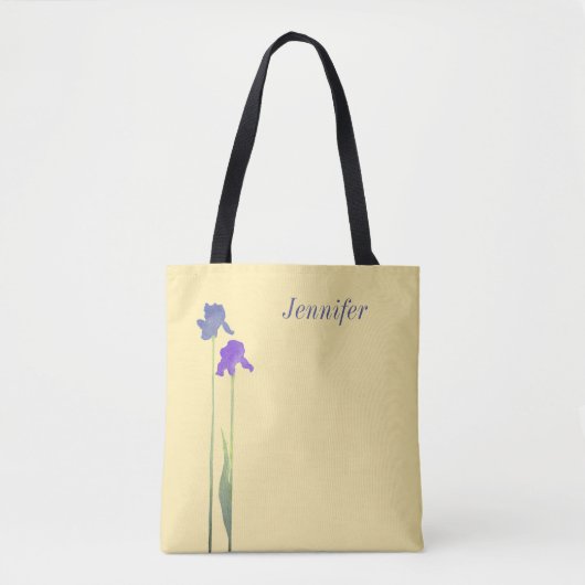 Boter Geel met Paarse & Blauwe Iris Tote Bag (Voorkant)