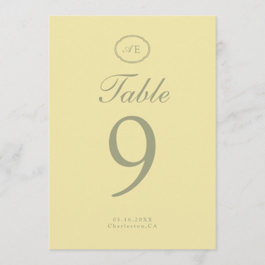 Boter Geel Monogram Trouw Tafel Nummer Kaart (Voorkant)