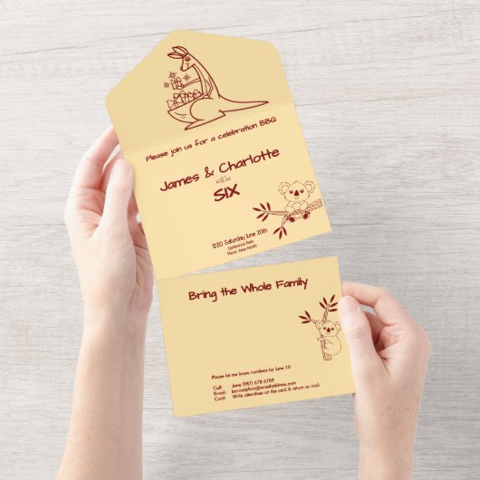 Boter Geel & Rood Australische Dieren Verjaardag All In One Uitnodiging (Afscheurbaar)