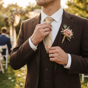 Boter Geel Roze Roos Chintz Boeket Patroon Stropdas