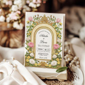 Boter Geel Roze Vintage Art Nouveau Bruiloft Kaart