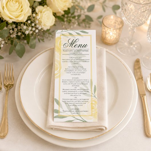 Boter Geel & Salie Aquarel Rozen Boho Bruiloft Menu
