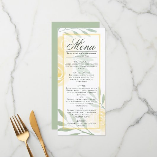 Boter Geel & Salie Aquarel Rozen Boho Bruiloft Menu (Voorkant / Achterkant in situ)