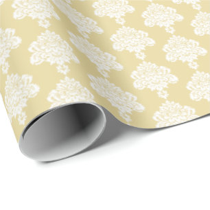 Boter Geel   Witte Damast Inpakpapier