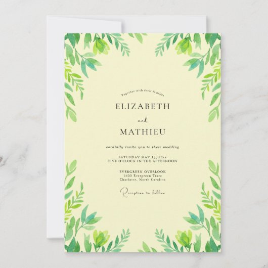 Boter Gele Bladgroen Eucalyptus Bruiloft Kaart (Voorkant)
