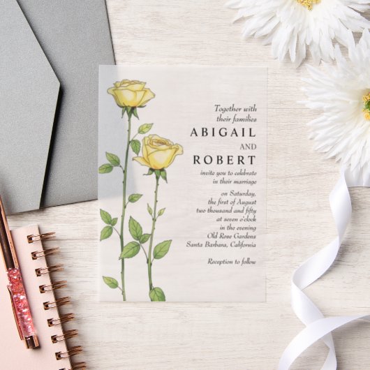 Boter gele roos bloemen romantische bloemenbruilof vellum uitnodigingen (Huwelijk)