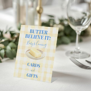 Boter Geloof Geel Gingham Baby Shower Favor Reclamebord Met Voetstuk