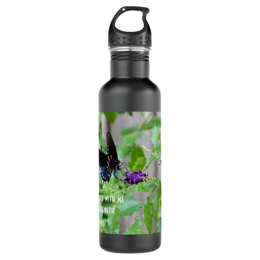 Boter op paarse bloemen met scripts waterfles  (Voorkant)