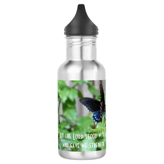 Boter op paarse bloemen met scripts waterfles  (Links)