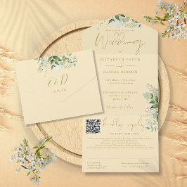 Boterbloem Geel Groene Monogram QR Code Trouwen All In One Uitnodiging