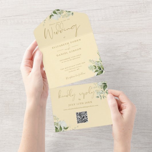 Boterbloem Geel Groenery QR Code Monogram Huwelijk All In One Uitnodiging (Afscheurbaar)