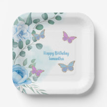 Boterflies Floral Blue Paars Gold Birthday