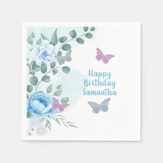 Boterflies Floral Blue Paars Gold Birthday Servet (Voorkant)