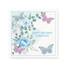 Boterflies Floral Blue Paars Gold Birthday