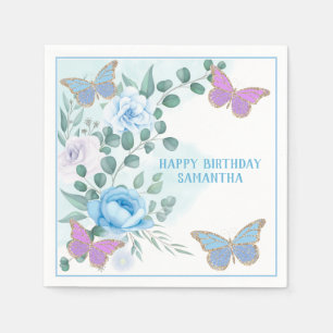 Boterflies Floral Blue Paars Gold Birthday Servet