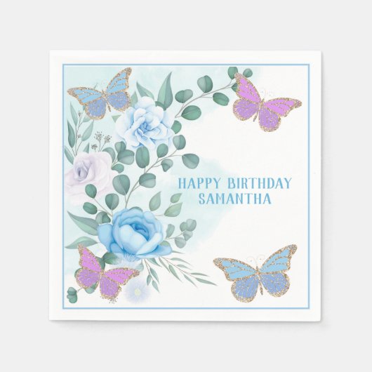 Boterflies Floral Blue Paars Gold Birthday Servet (Voorkant)