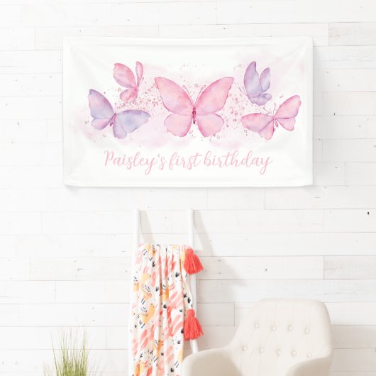 Boterfly 1st Birthday Banner Pink Paars Girl (Insitu)