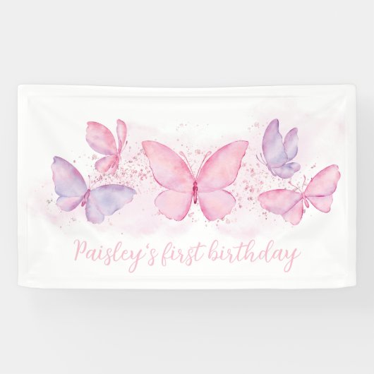 Boterfly 1st Birthday Banner Pink Paars Girl (Horizontaal)