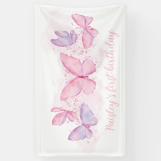 Boterfly 1st Birthday Banner Pink Paars Girl (Verticaal)