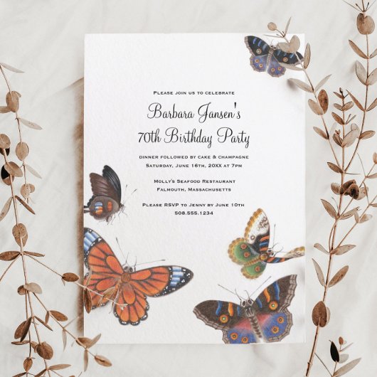 Boterfly 70th Birthday Party Invitation Kaart