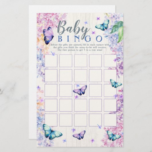 Boterfly Baby shower Bingo Game | Baby Bingo Game (Voorkant / Achterkant)